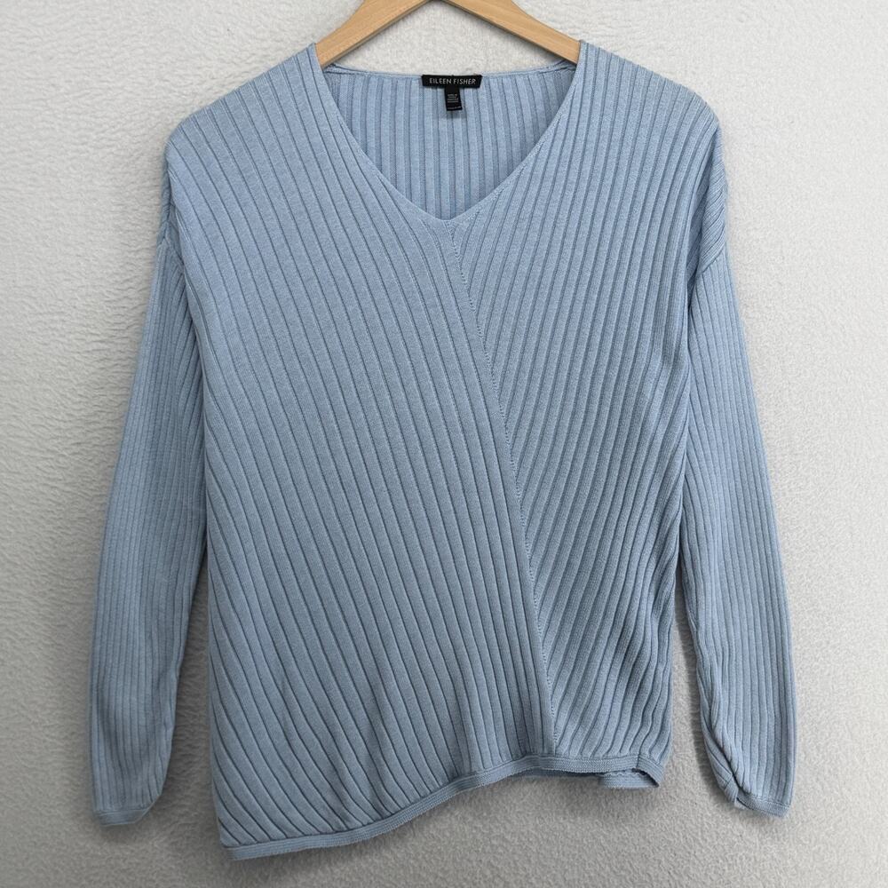 EILEEN FISHER Sweater 2XS Tencel Cotton Silk Ribbed Asymmetric Pulllover Blue
